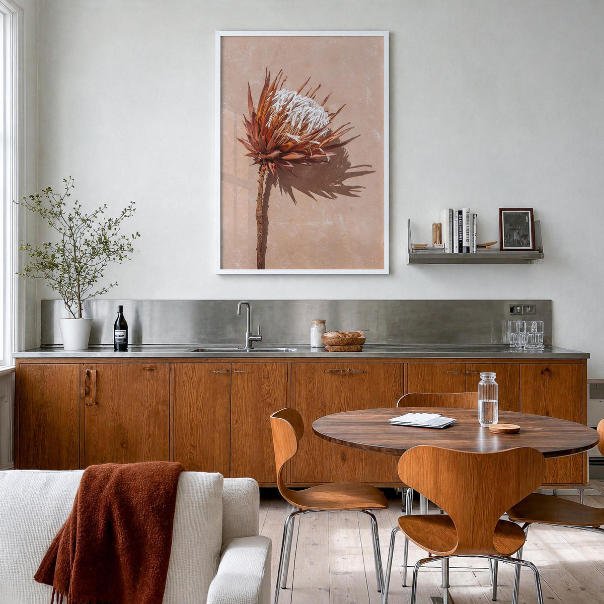 Dried Exotic Flower colorful photo poster – vertical wall art in white wood frame, hanging on wall