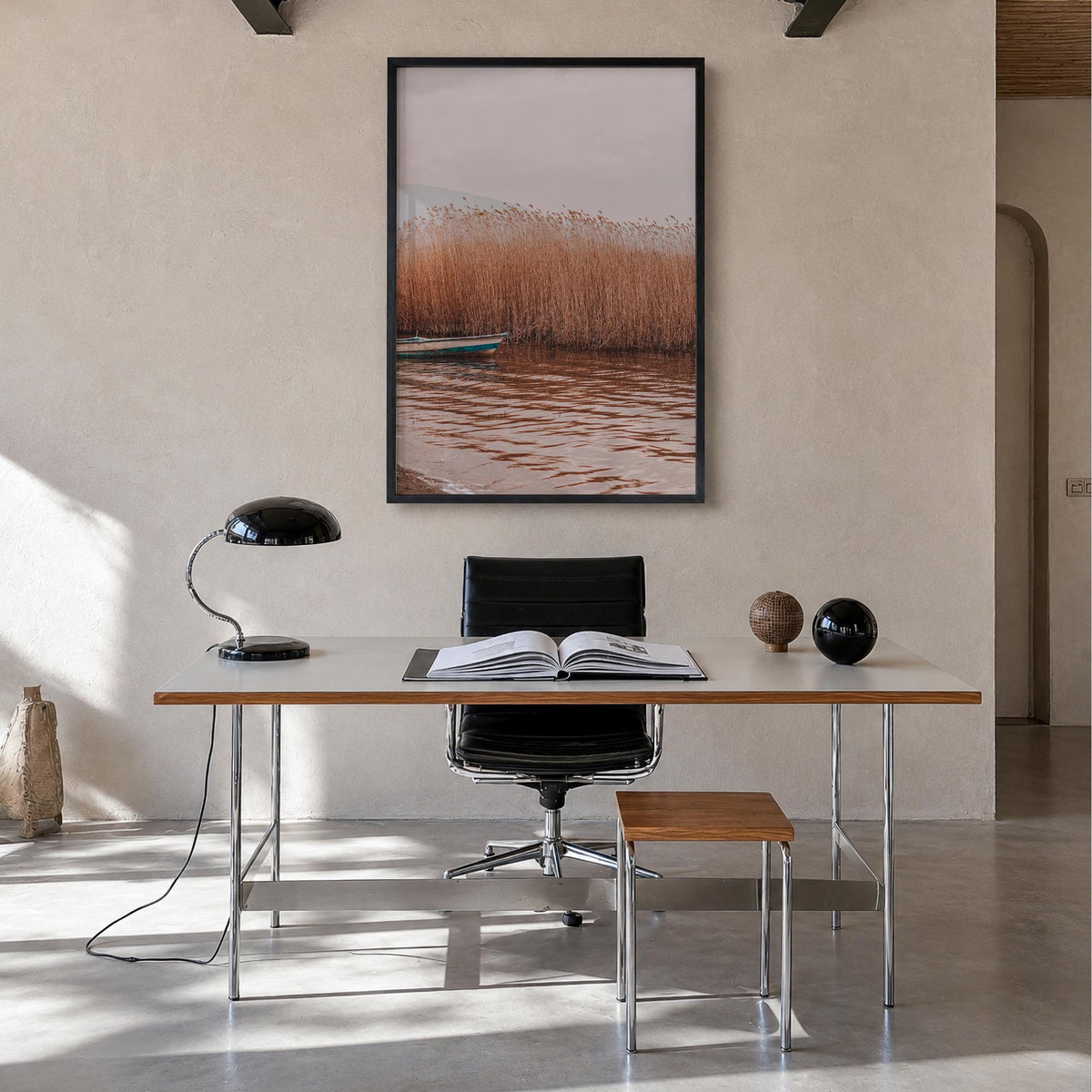 Dry Reed Lake colorful photo poster – vertical wall art in black wood frame, hanging on wall