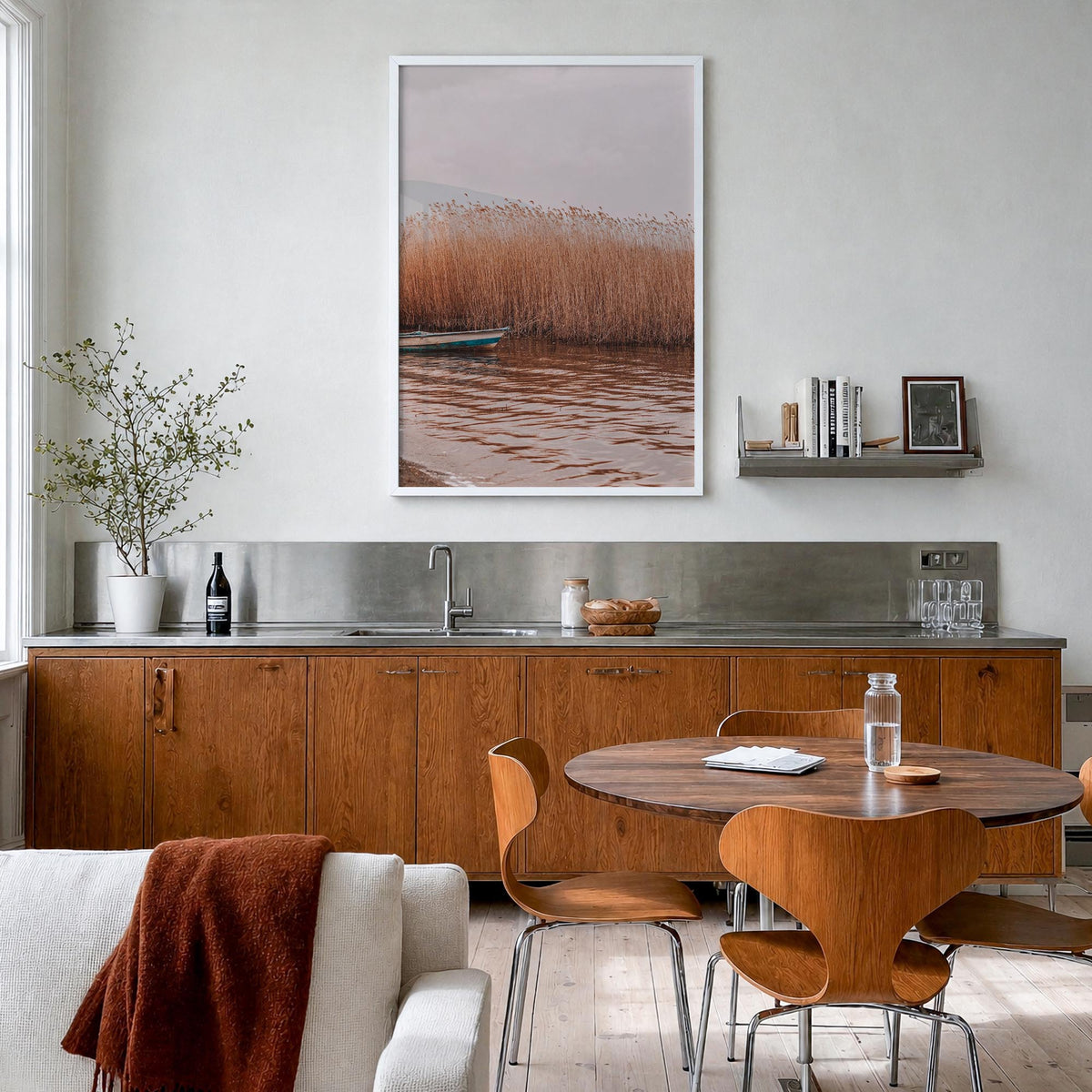 Dry Reed Lake colorful photo poster – vertical wall art in white wood frame, hanging on wall