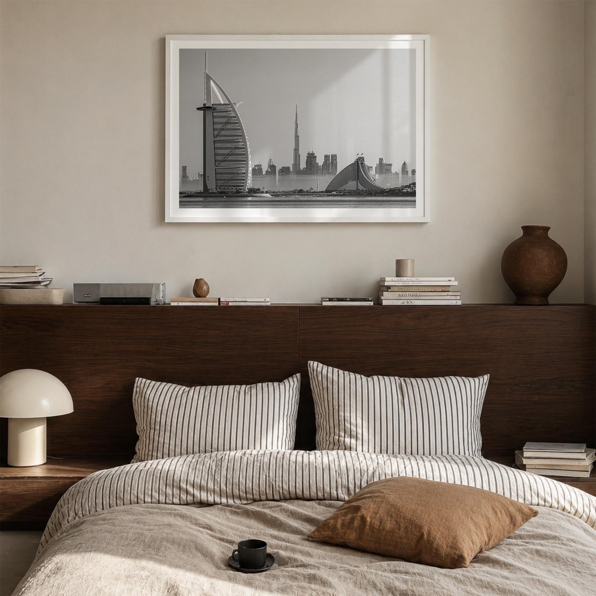 Dubai black & white photo poster of United Arab Emirates – horizontal wall art in white wood frame with white border, hanging