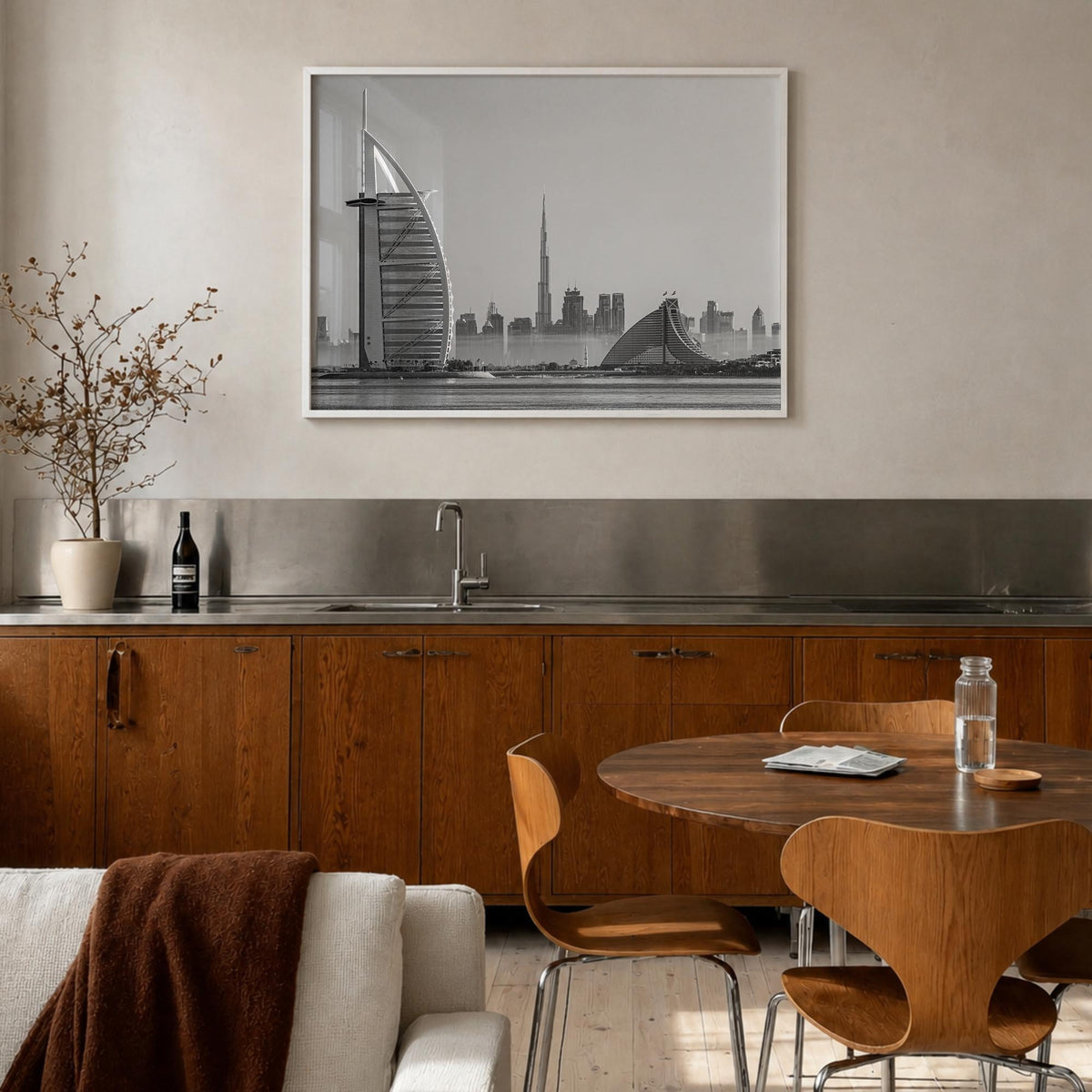 Dubai black & white photo poster of United Arab Emirates – horizontal wall art in white wood frame, hanging on wall