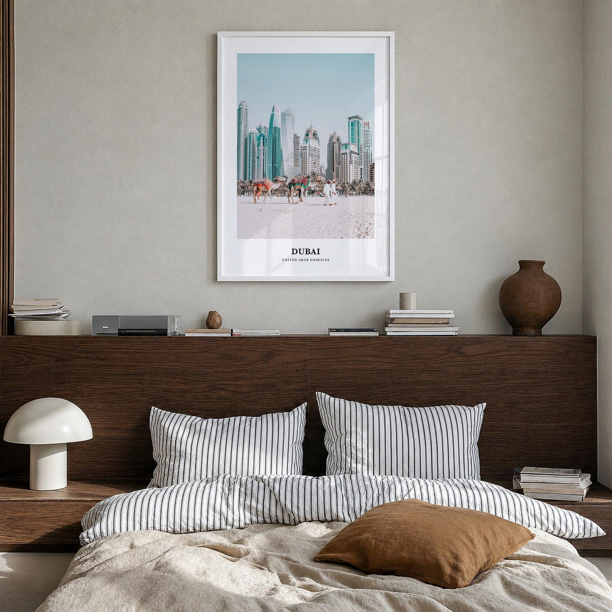 Dubai colorful classic poster of United Arab Emirates – vertical wall art in white wood frame, hanging on wall