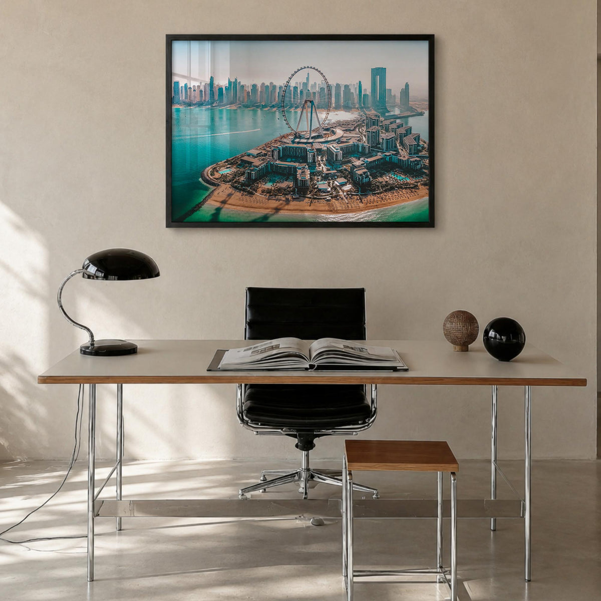 Dubai colorful photo poster of United Arab Emirates – horizontal wall art in black wood frame, hanging on wall
