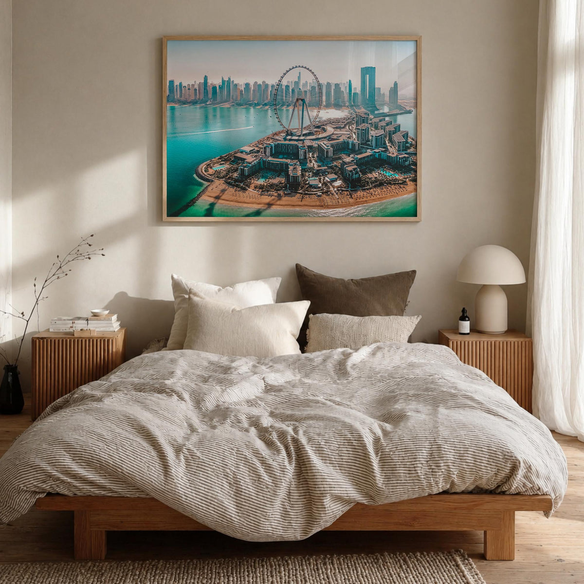 Dubai colorful photo poster of United Arab Emirates – horizontal wall art in natural wood frame, hanging on wall