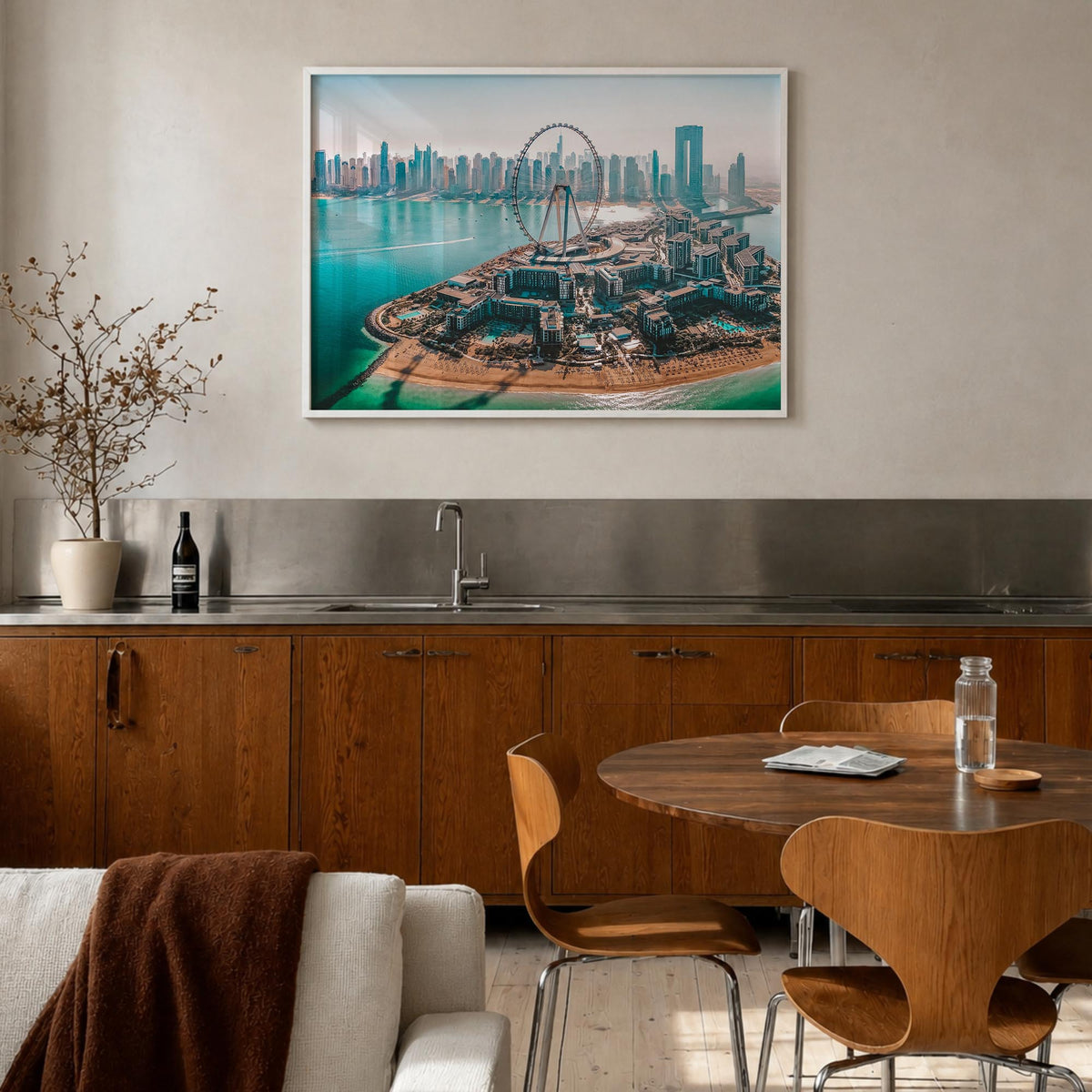 Dubai colorful photo poster of United Arab Emirates – horizontal wall art in white wood frame, hanging on wall