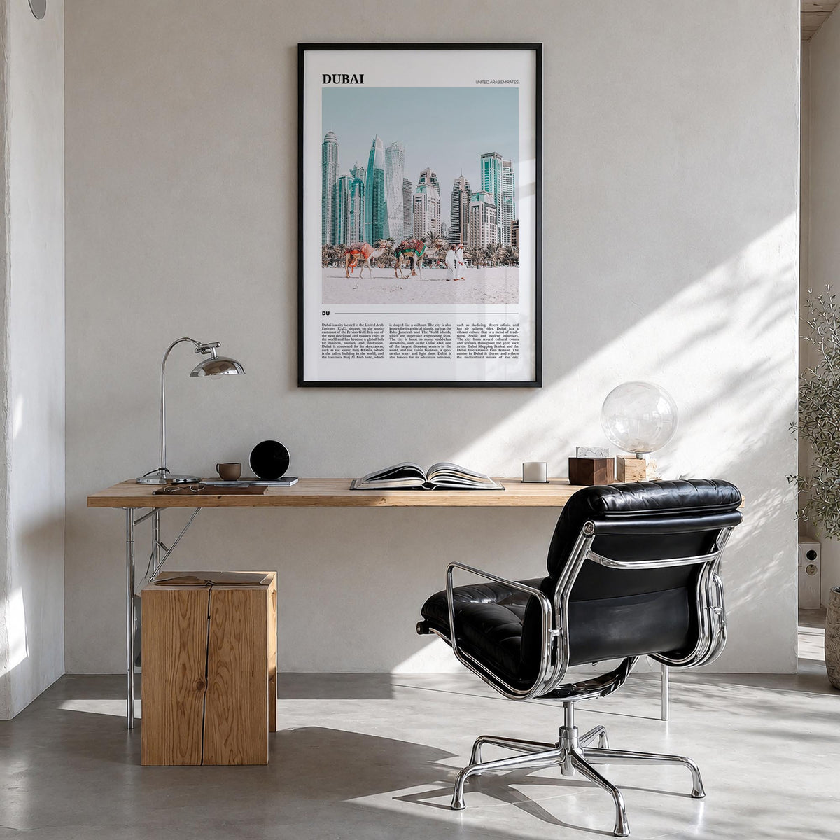 Dubai colorful travel poster of United Arab Emirates – vertical wall art in black wood frame, hanging on wall