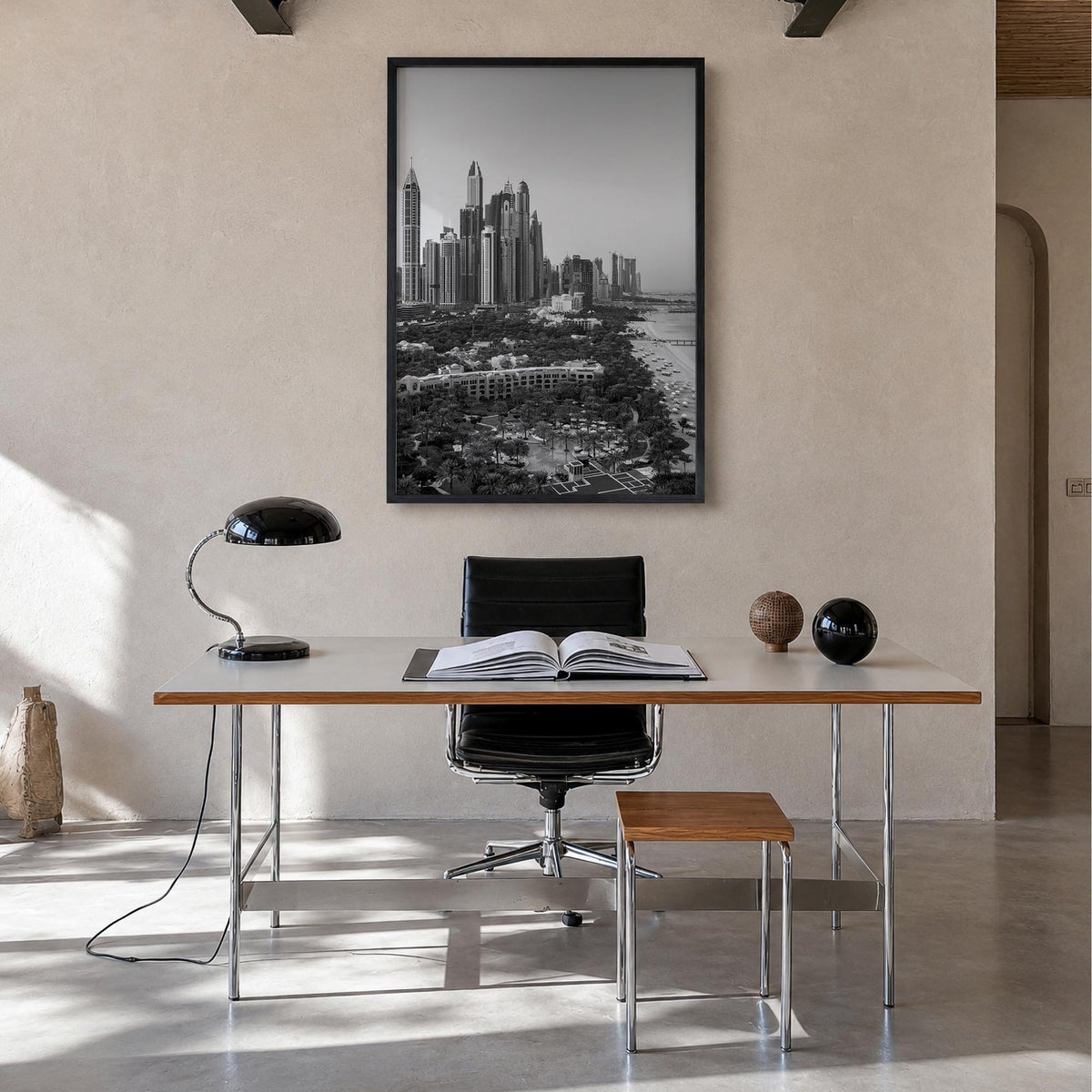 Dubai no. 1 black & white photo poster of United Arab Emirates – vertical wall art in black wood frame, hanging on wall