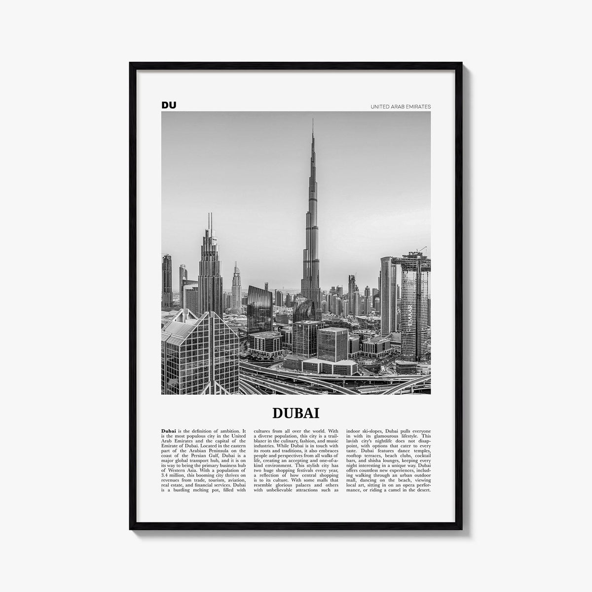 Dubai no. 2 black & white newspaper poster of United Arab Emirates – vertical wall art, unframed print shown in interior mock