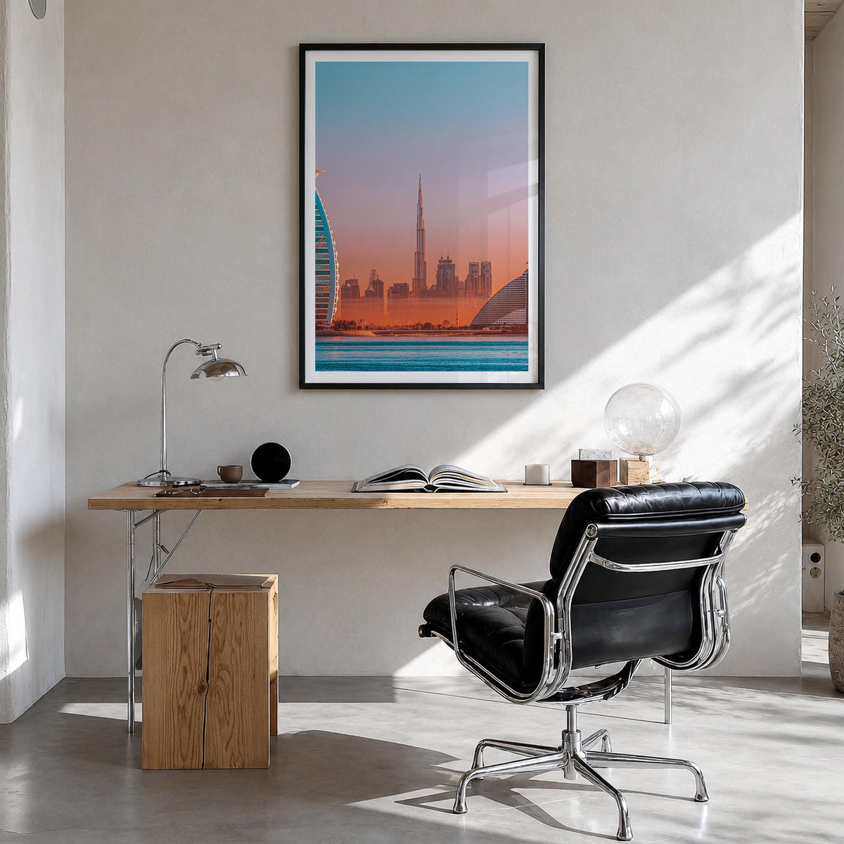 Dubai no. 2 colorful photo poster of United Arab Emirates – vertical wall art in black wood frame with white border, hanging
