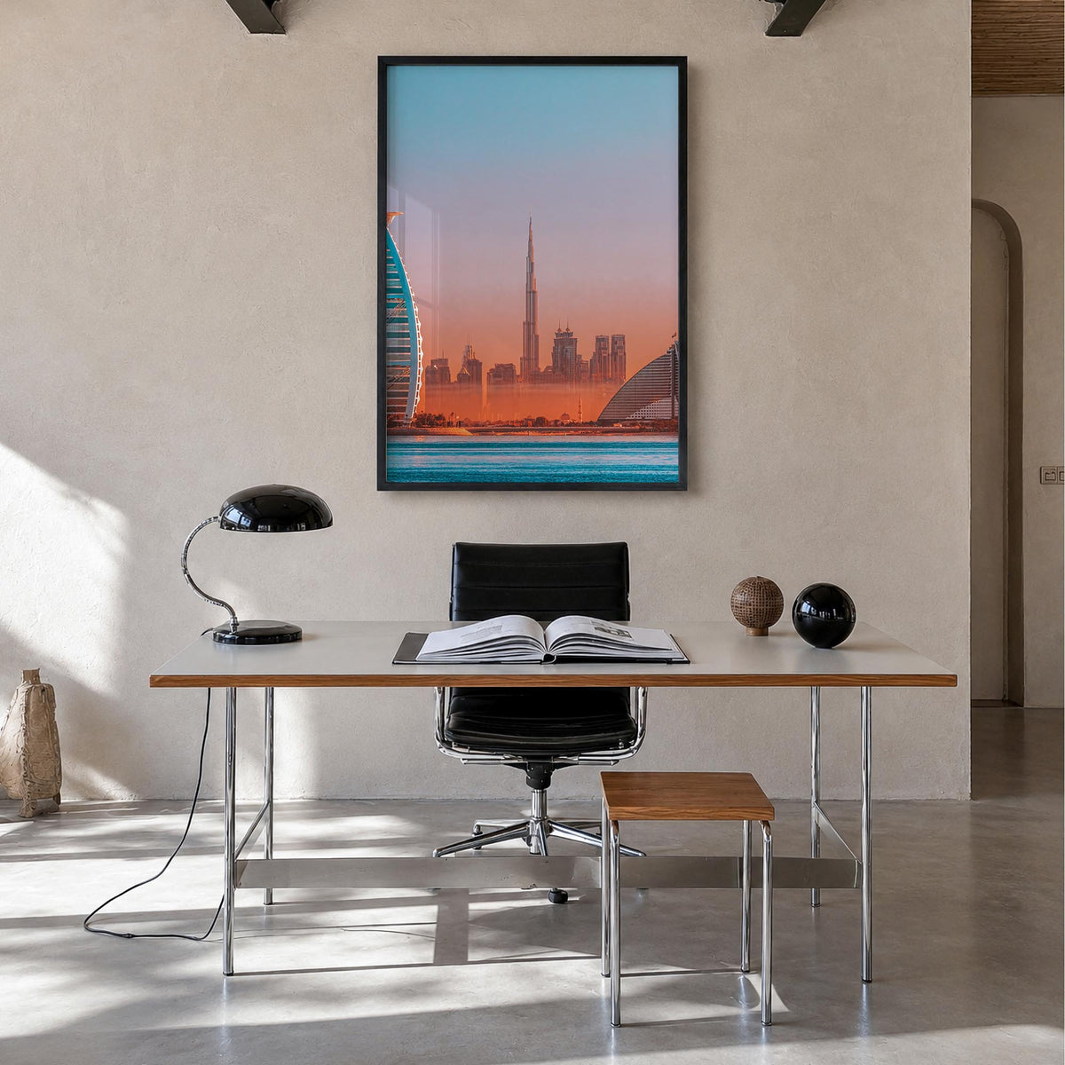 Dubai no. 2 colorful photo poster of United Arab Emirates – vertical wall art in black wood frame, hanging on wall