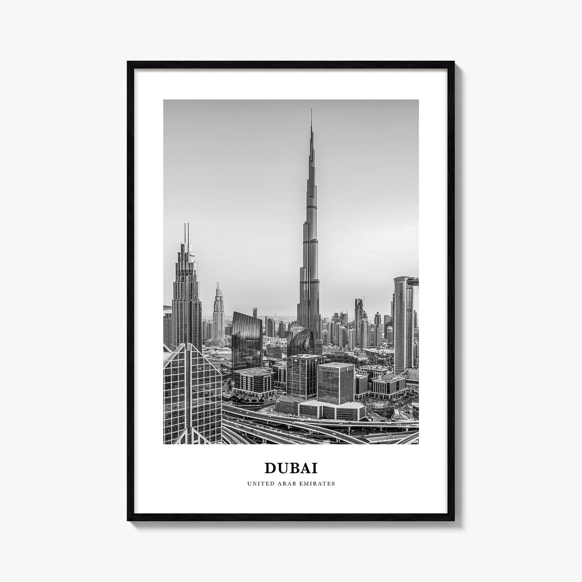 Dubai no. 3 black & white classic poster of United Arab Emirates – vertical wall art, unframed print shown in interior mockup