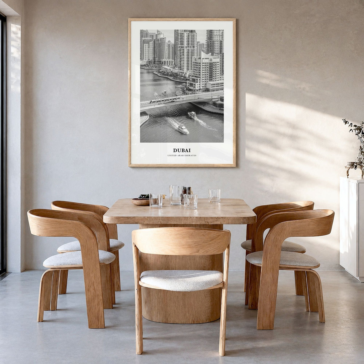 Dubai Classic No 2 Poster in a natural wood frame, hanging in a dining room