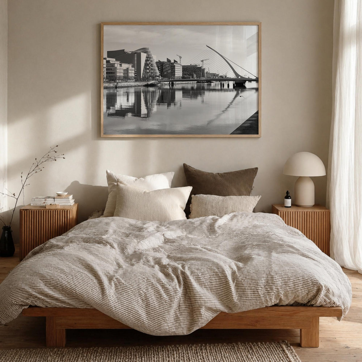 Dublin black & white photo poster of Ireland – horizontal wall art in natural wood frame, hanging on wall