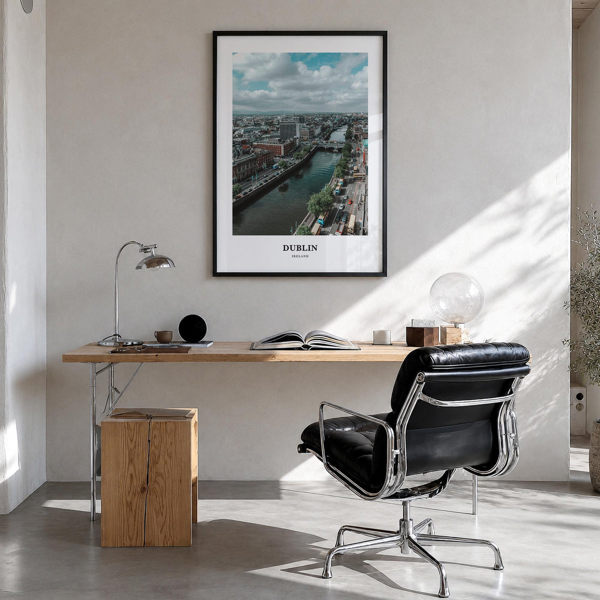 Dublin colorful classic poster of Ireland – vertical wall art in black wood frame, hanging on wall