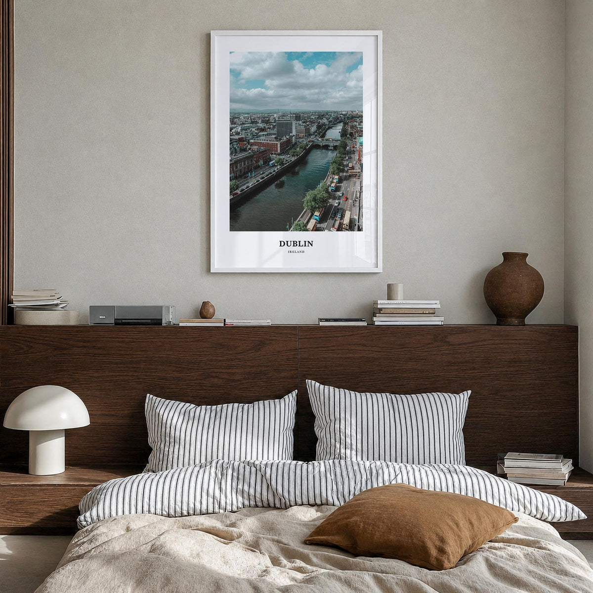 Dublin colorful classic poster of Ireland – vertical wall art in white wood frame, hanging on wall