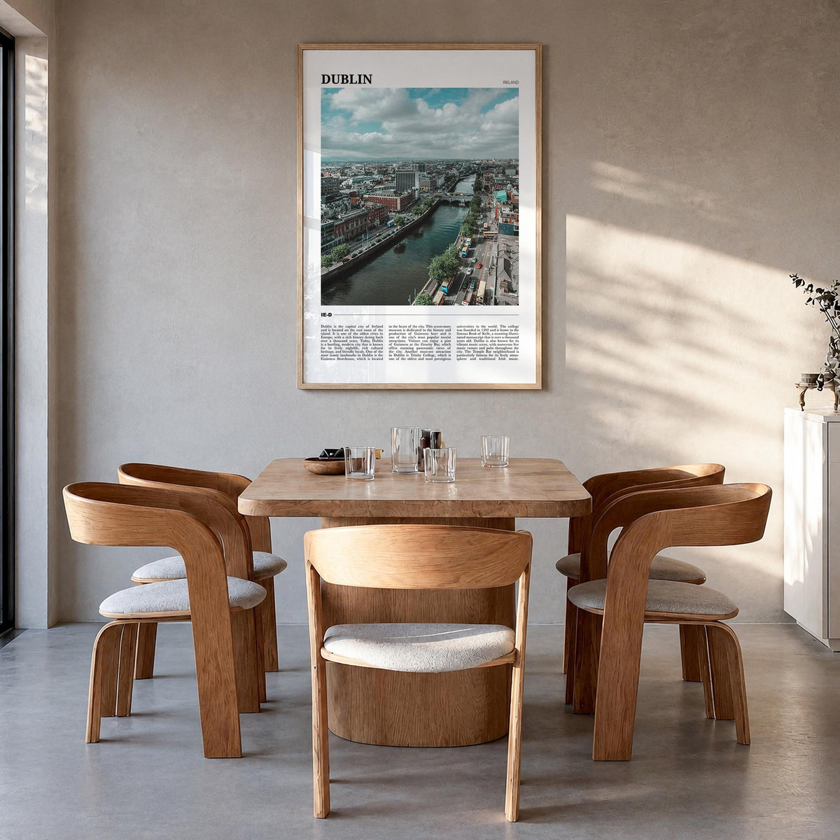 Dublin colorful travel poster of Ireland – vertical wall art in natural wood frame, hanging on wall