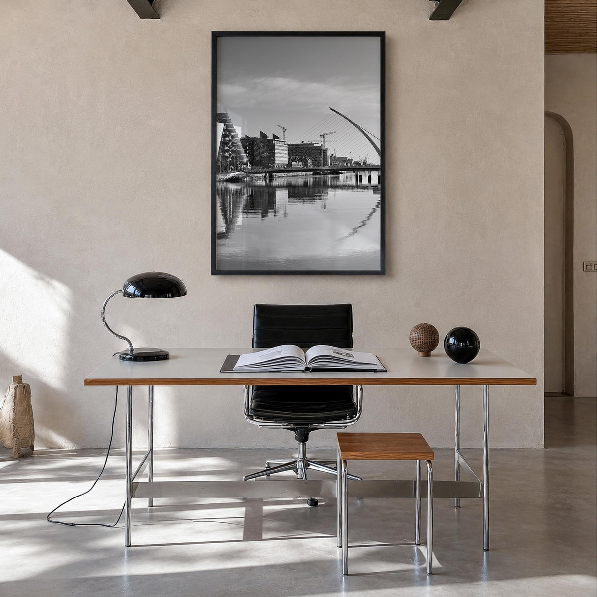 Dublin no. 1 black & white photo poster of Ireland – vertical wall art in black wood frame, hanging on wall
