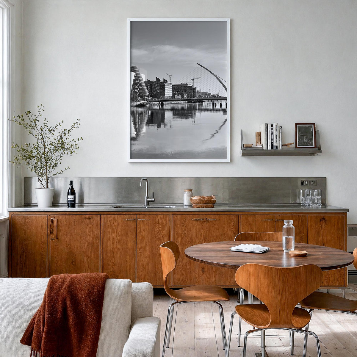 Dublin no. 1 black & white photo poster of Ireland – vertical wall art in white wood frame, hanging on wall
