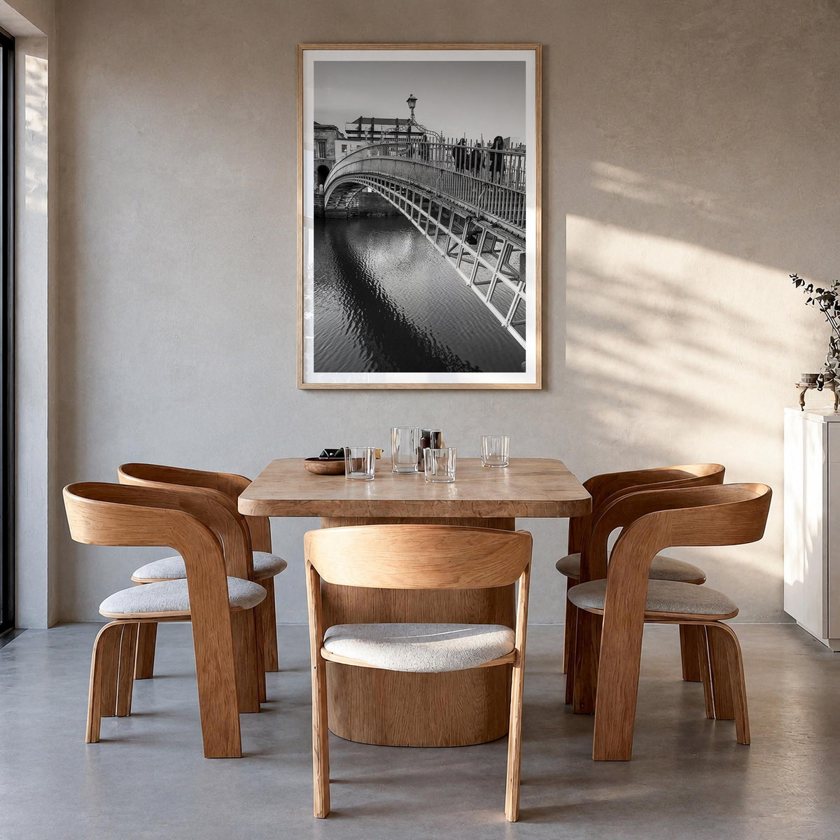 Dublin no. 2 black & white photo poster of Ireland – vertical wall art in natural wood frame with white border, hanging on wa