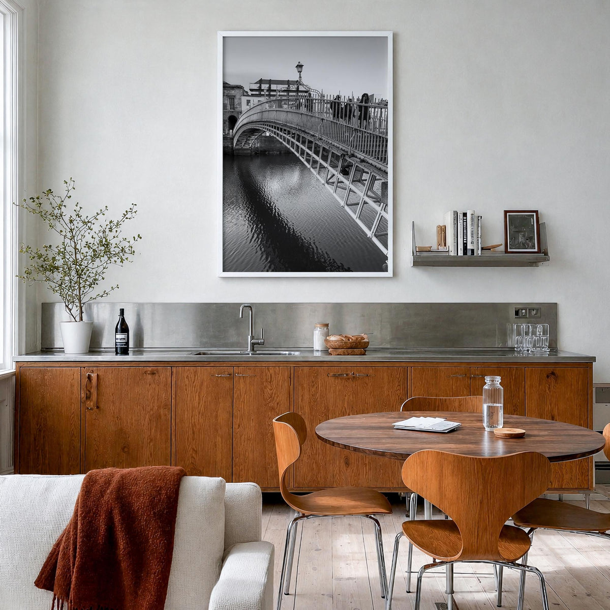 Dublin no. 2 black & white photo poster of Ireland – vertical wall art in white wood frame, hanging on wall