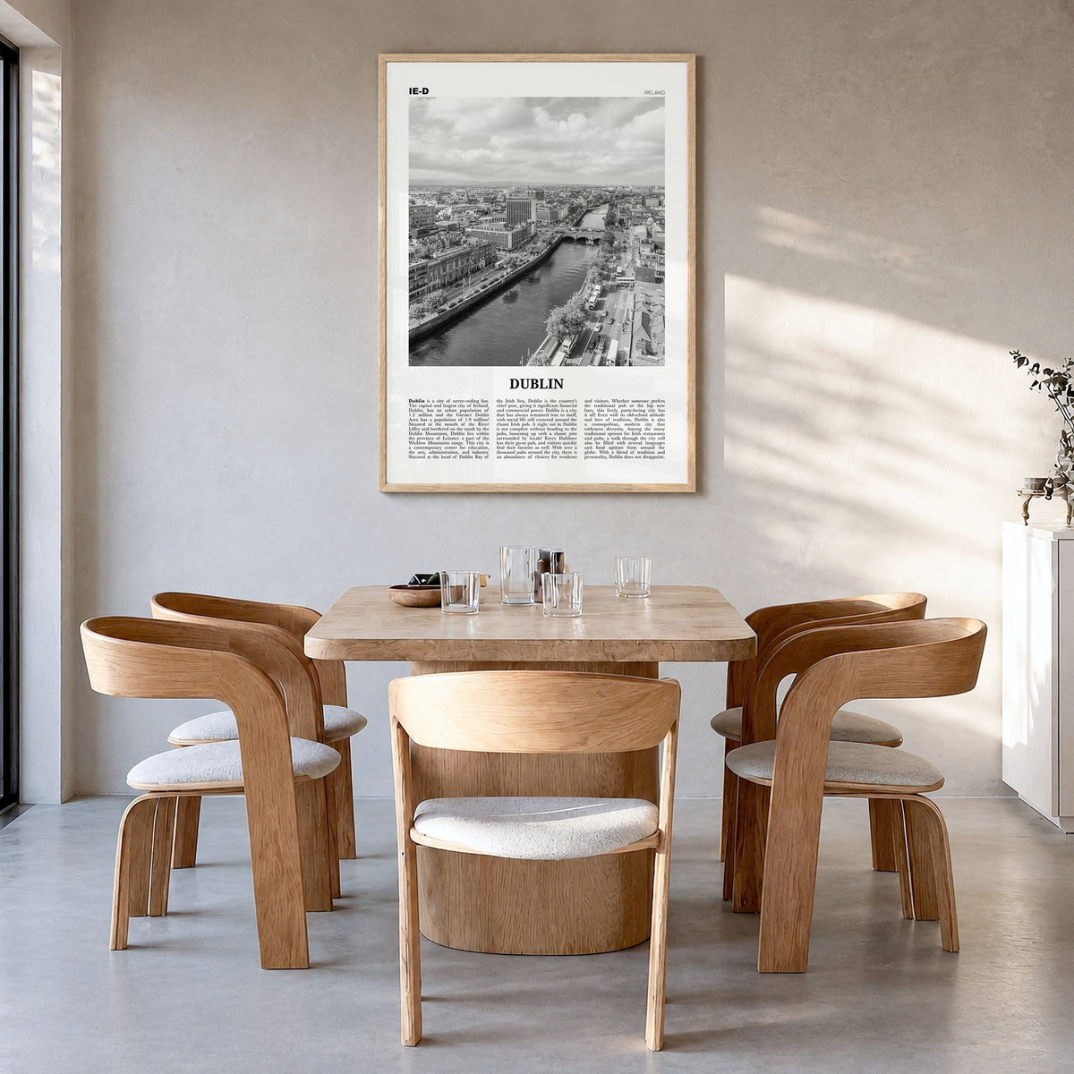 Dublin Newspaper No 2 Poster in a natural wood frame, hanging in a dining room
