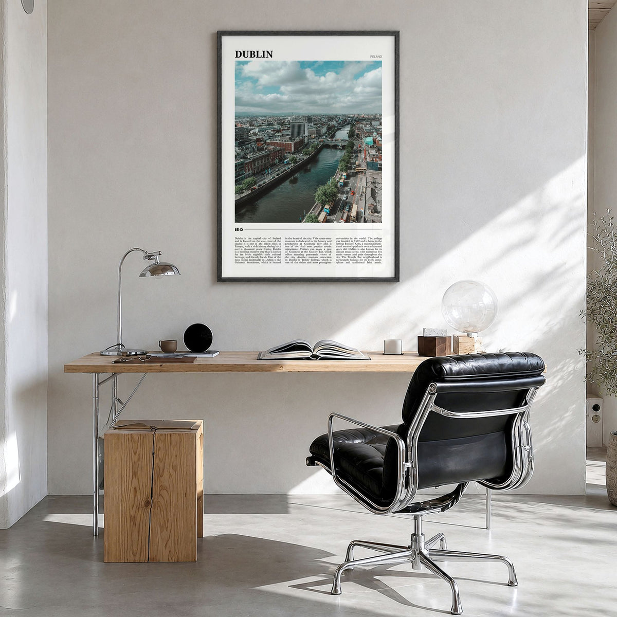 Dublin Travel Poster in a black wood frame, hanging in a bright home office