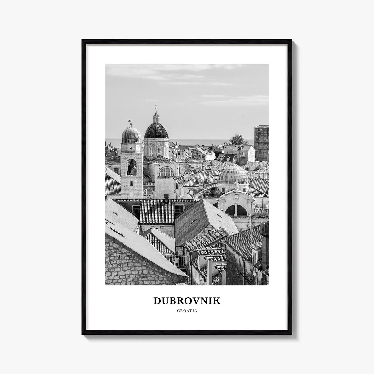 Dubrovnik black & white classic poster of Croatia – vertical wall art, unframed print shown in interior mockup