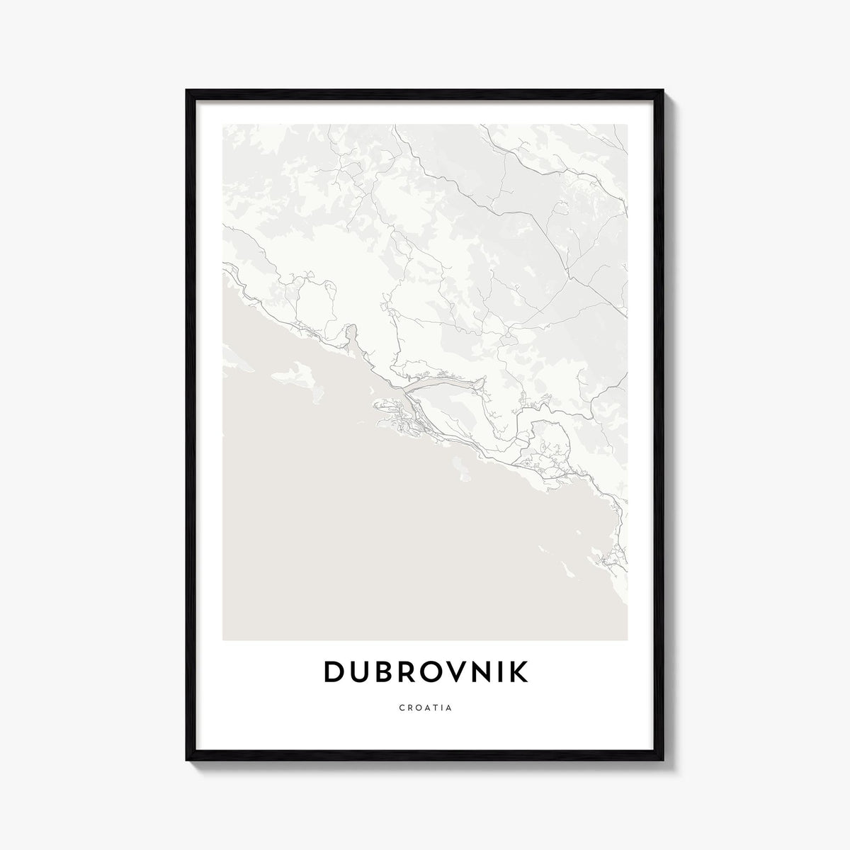 Dubrovnik black & white map poster of Croatia – vertical wall art, unframed print shown in interior mockup