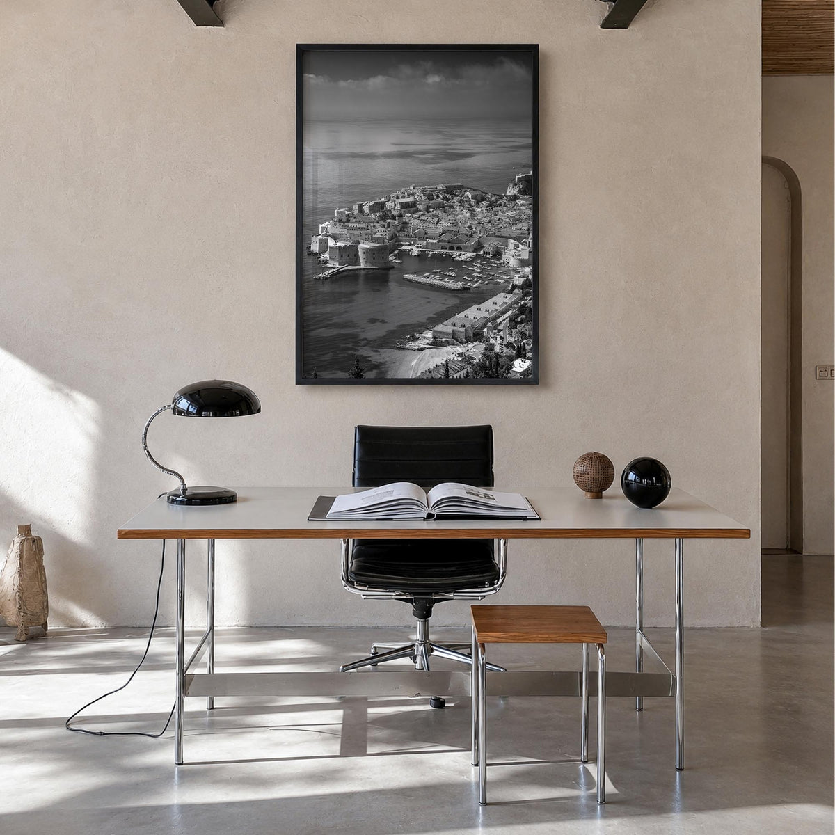 Dubrovnik black & white photo poster of Croatia – vertical wall art in black wood frame, hanging on wall