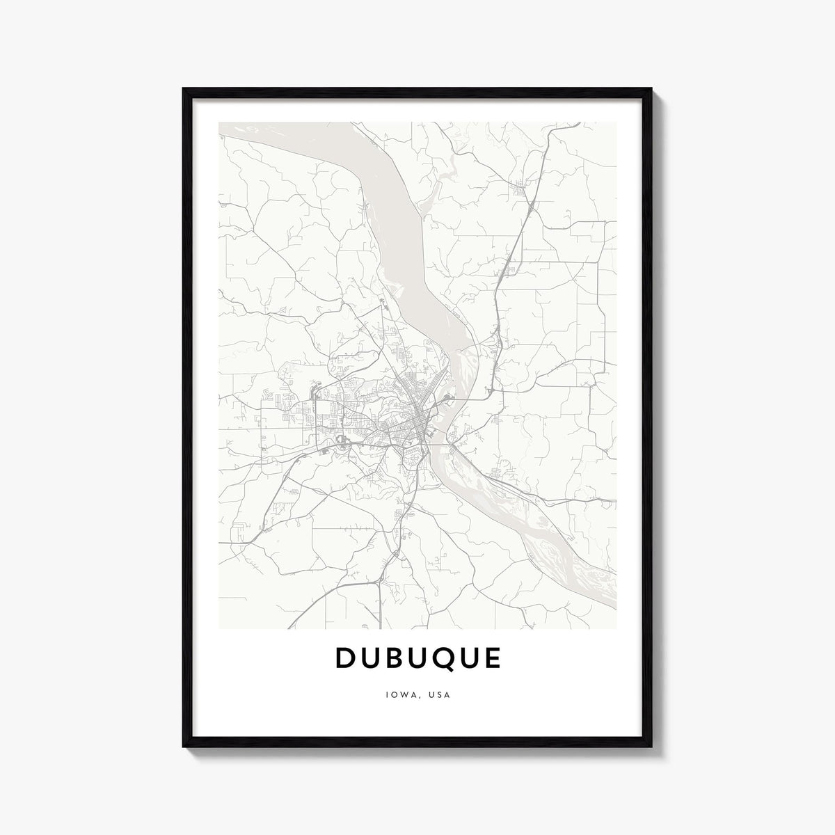 Dubuque black & white map poster of Iowa, USA – vertical wall art, unframed print shown in interior mockup