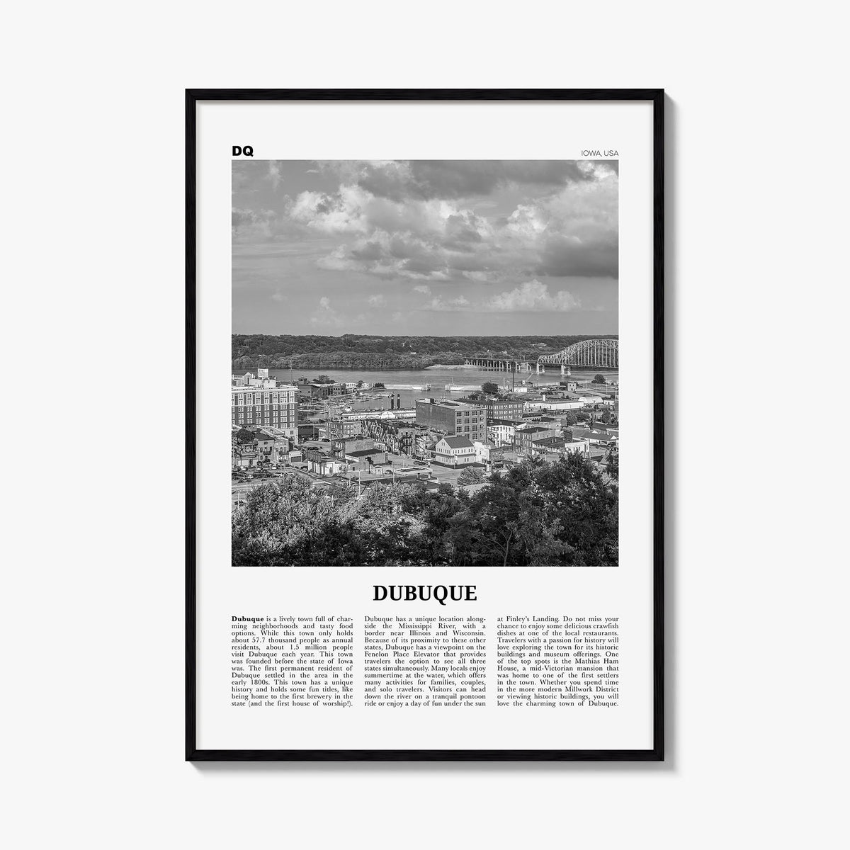 Dubuque black & white newspaper poster of Iowa, USA – vertical wall art, unframed print shown in interior mockup