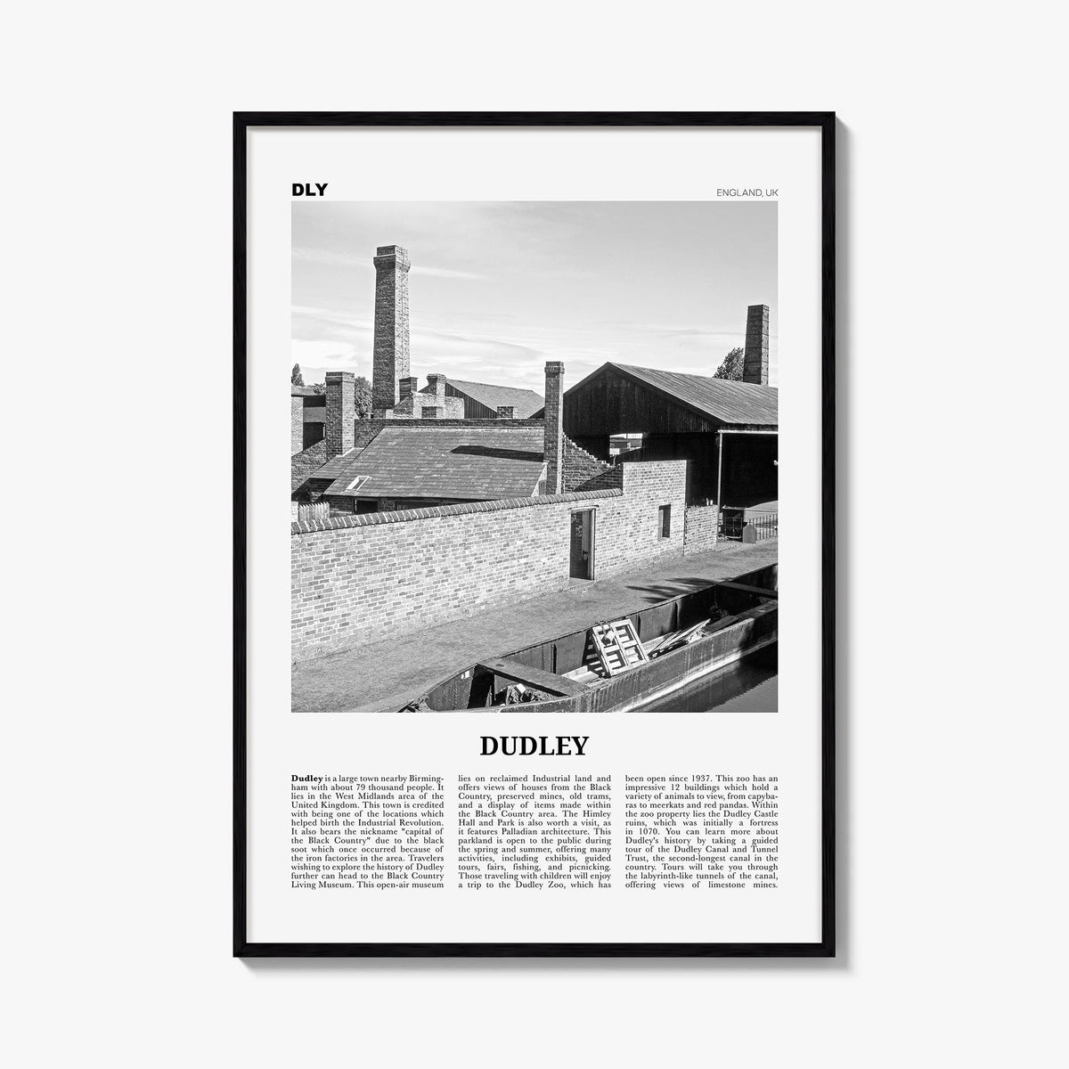 Dudley black & white newspaper poster of United Kingdom – vertical wall art, unframed print shown in interior mockup
