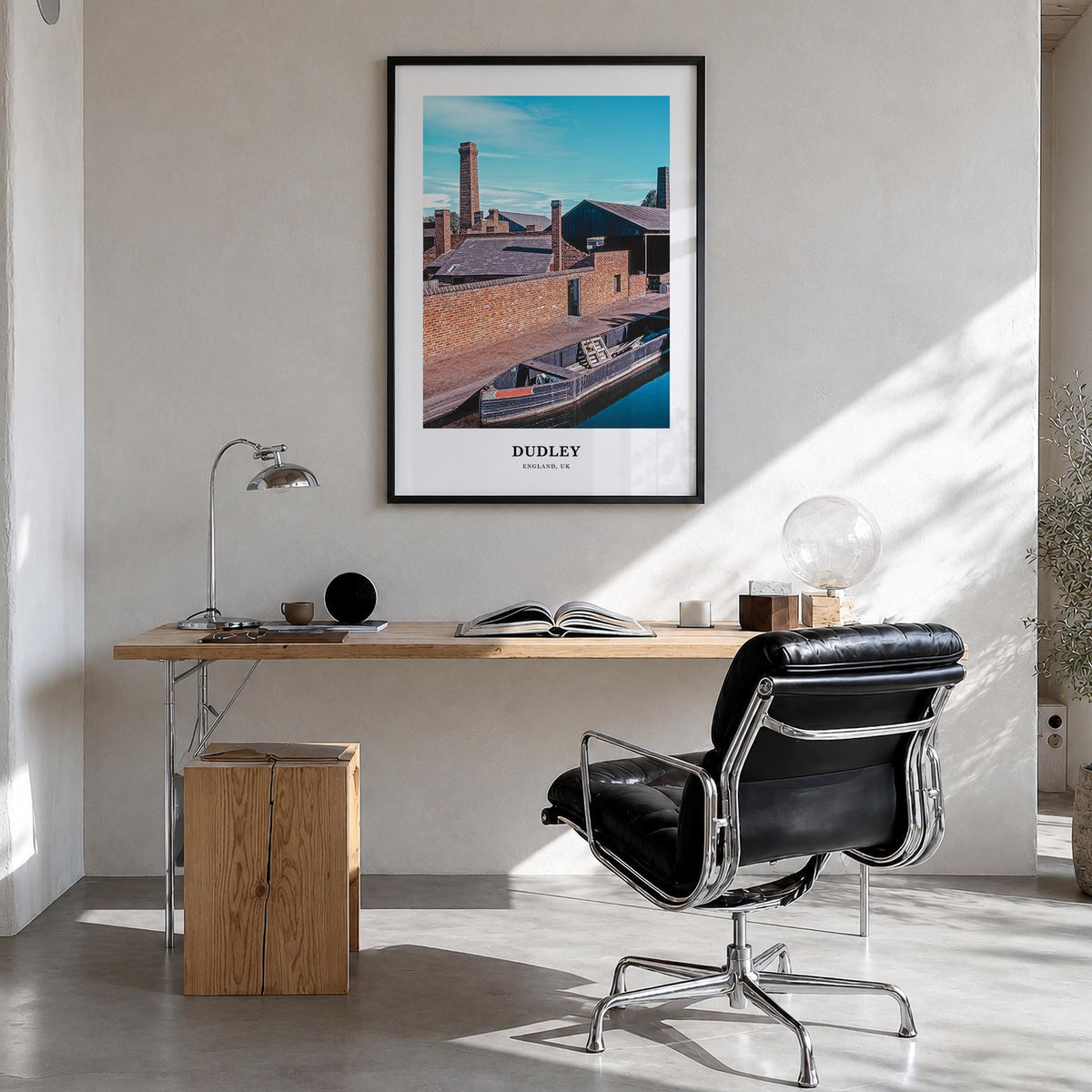 Dudley colorful classic poster of United Kingdom – vertical wall art in black wood frame, hanging on wall