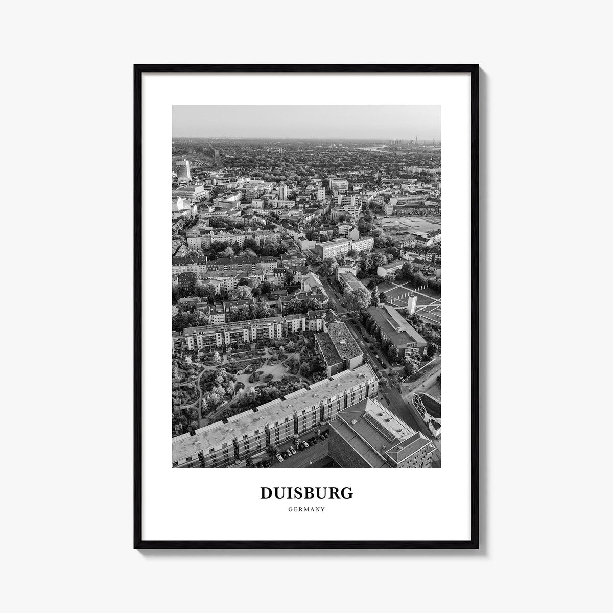 Duisburg black & white classic poster of Germany – vertical wall art, unframed print shown in interior mockup