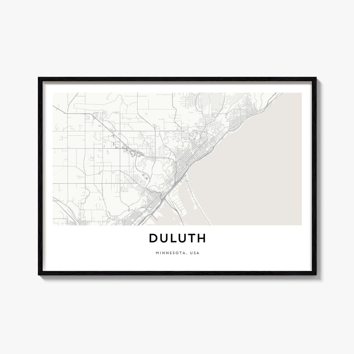 Duluth black & white map poster of Minnesota, USA – horizontal wall art, unframed print shown in interior mockup