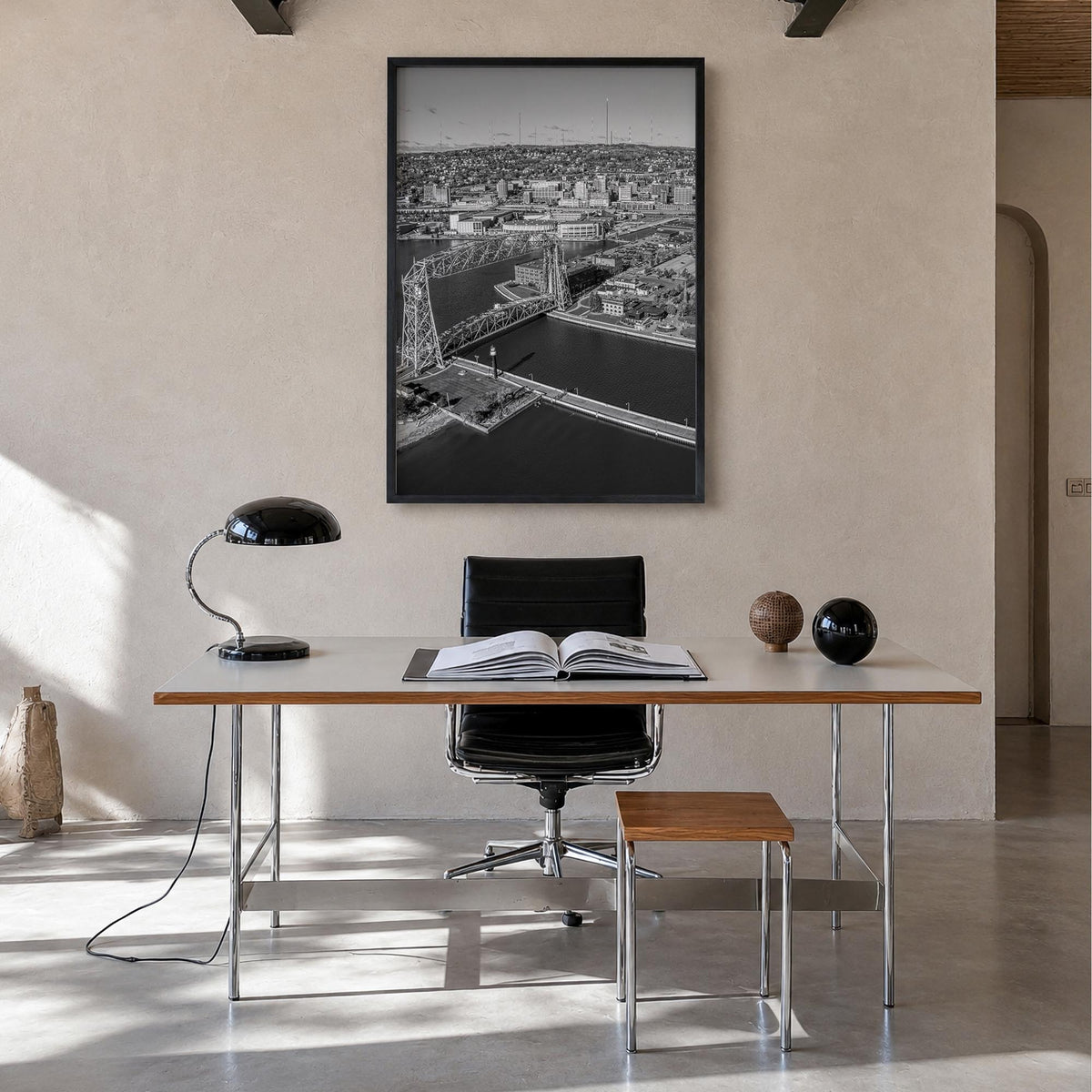 Duluth black & white photo poster of Minnesota, USA – vertical wall art in black wood frame, hanging on wall