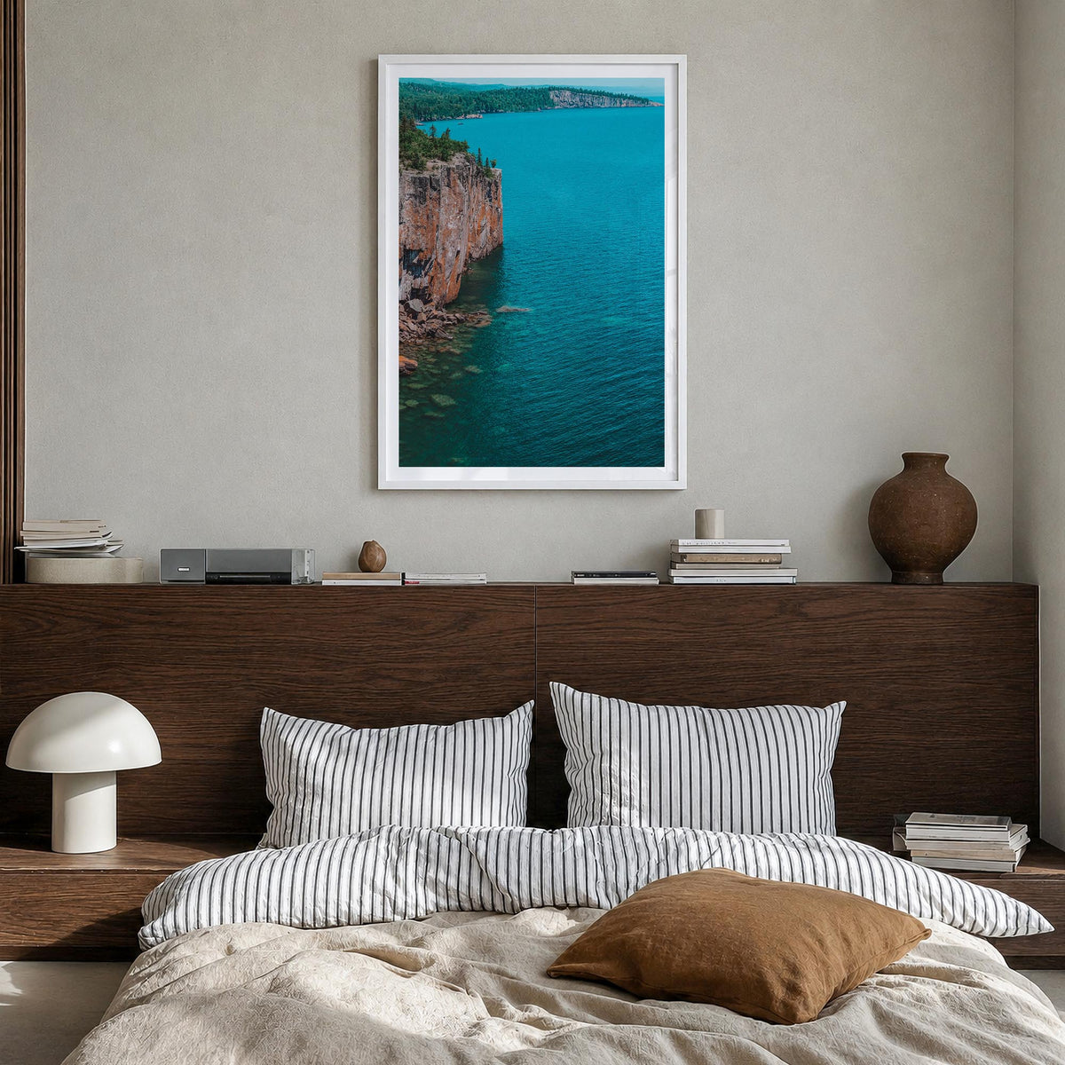 Duluth colorful photo poster of Minnesota, USA – vertical wall art in white wood frame with white border, hanging on wall