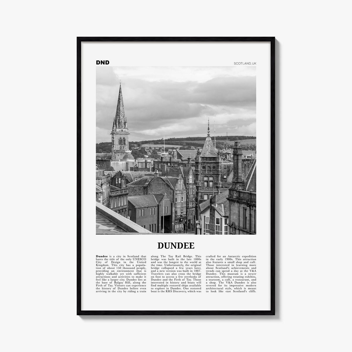 Dundee black & white newspaper poster of United Kingdom – vertical wall art, unframed print shown in interior mockup