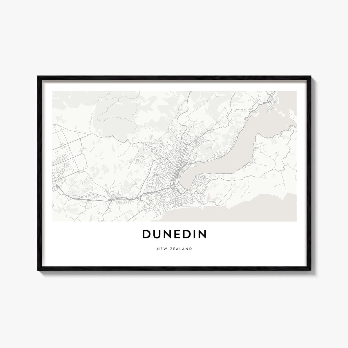 Dunedin black & white map poster of New Zealand – horizontal wall art, unframed print shown in interior mockup