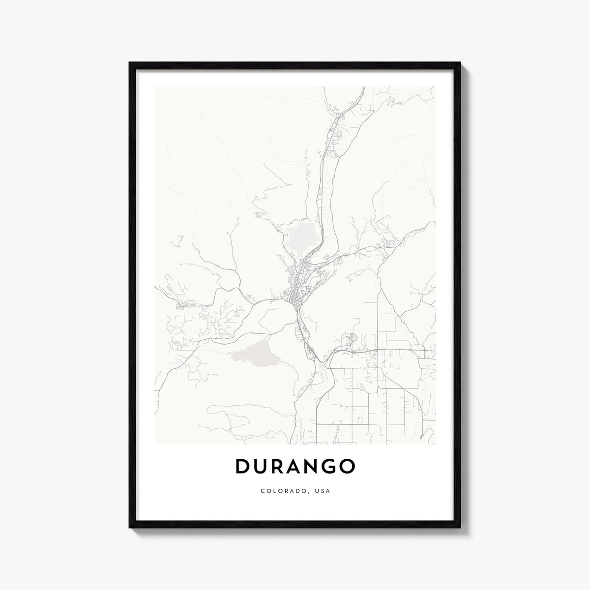 Durango, Colorado black & white map poster of Colorado, USA – vertical wall art, unframed print shown in interior mockup