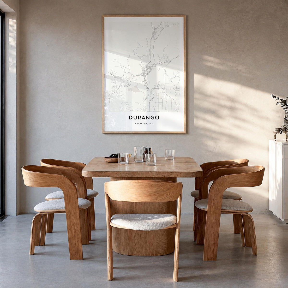 Durango, Colorado black & white map poster of Colorado, USA – vertical wall art in natural wood frame, hanging on wall