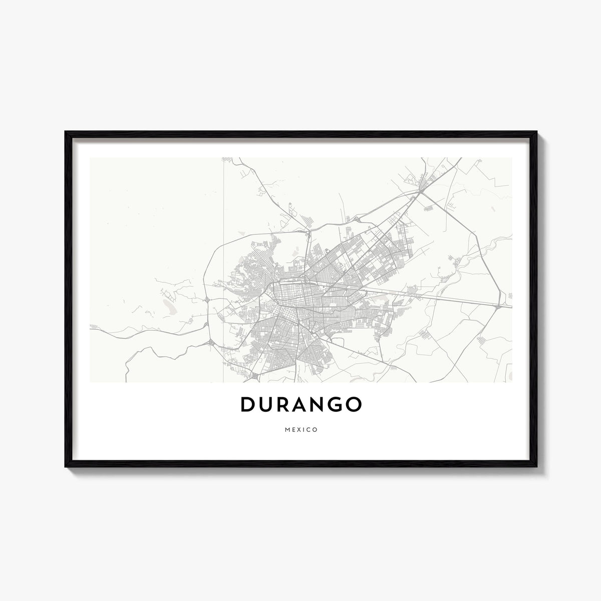 Durango, Mexico black & white map poster of Mexico – horizontal wall art, unframed print shown in interior mockup