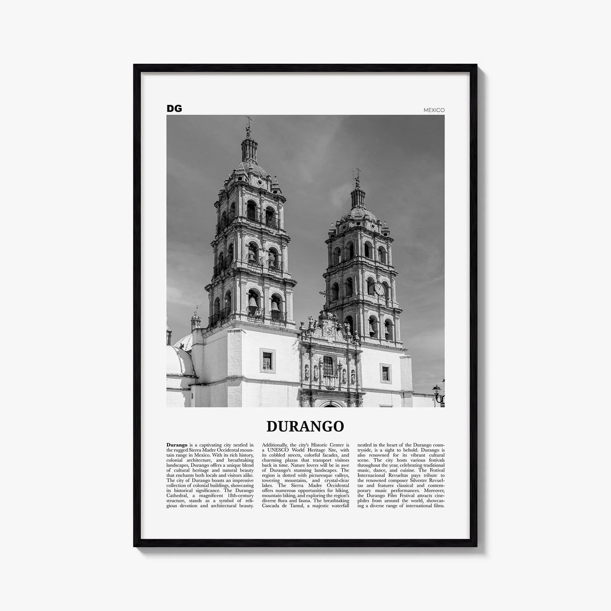 Durango, Mexico black & white newspaper poster of Mexico – vertical wall art, unframed print shown in interior mockup