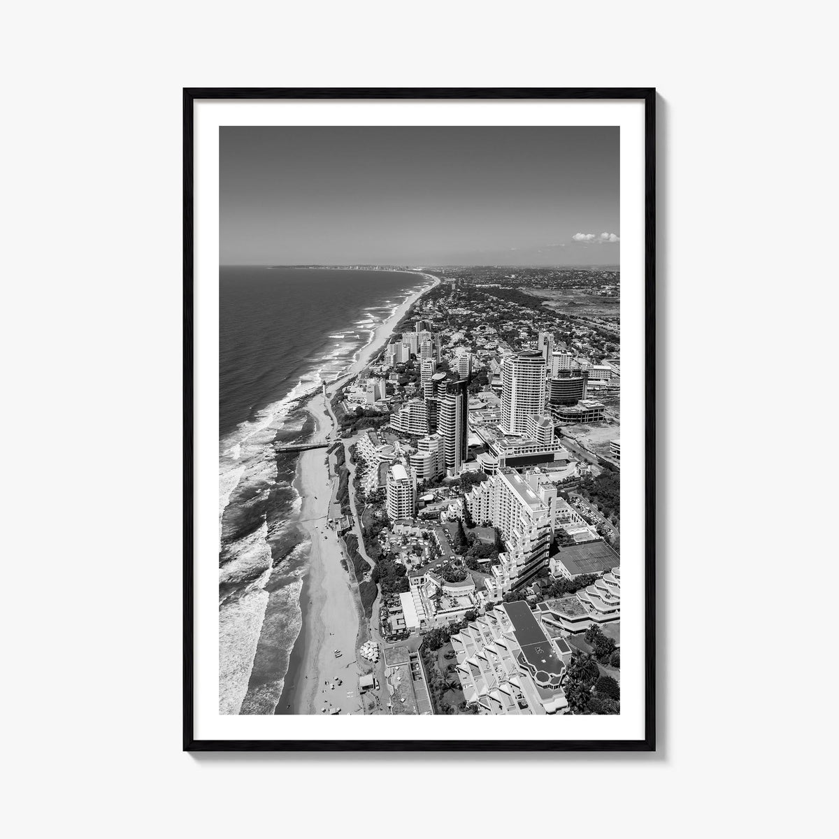 Durban black & white photo poster of South Africa – vertical wall art, unframed print shown in interior mockup