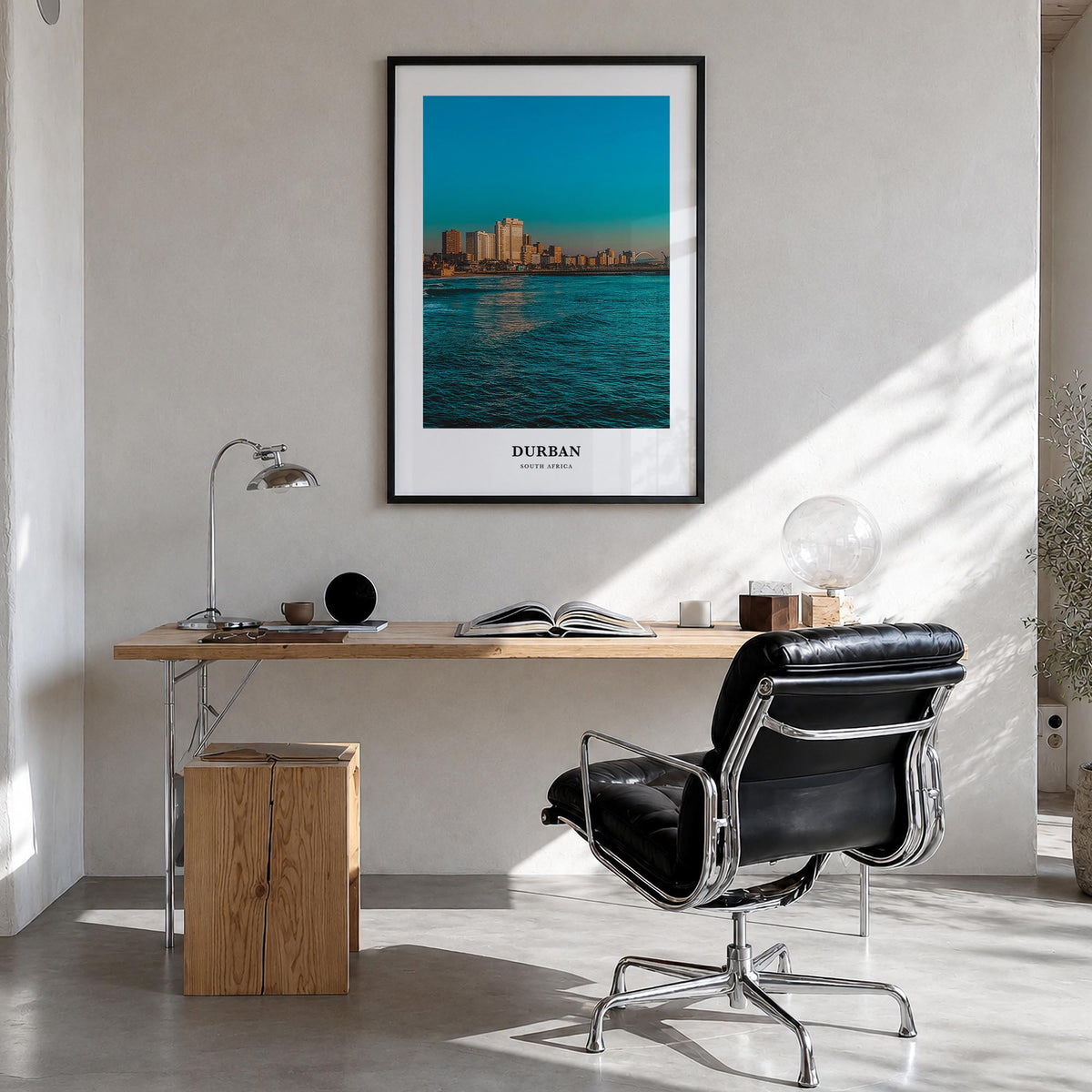 Durban colorful classic poster of South Africa – vertical wall art in black wood frame, hanging on wall