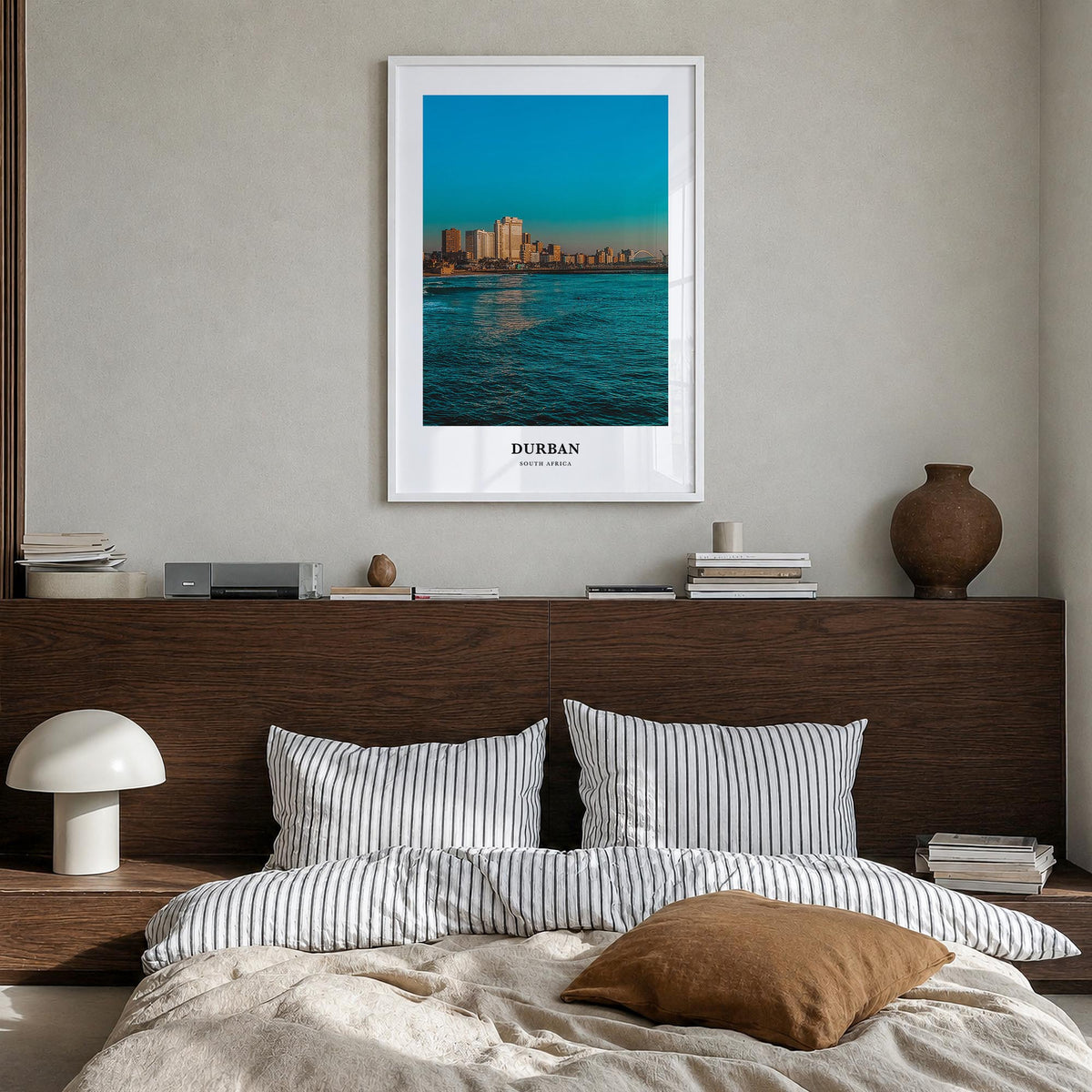 Durban colorful classic poster of South Africa – vertical wall art in white wood frame, hanging on wall