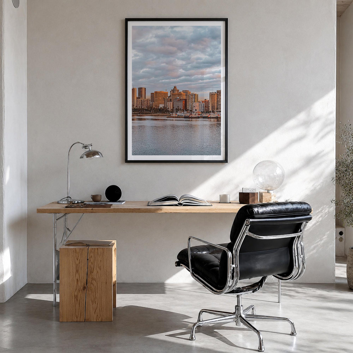 Durban colorful photo poster of South Africa – vertical wall art in black wood frame with white border, hanging on wall