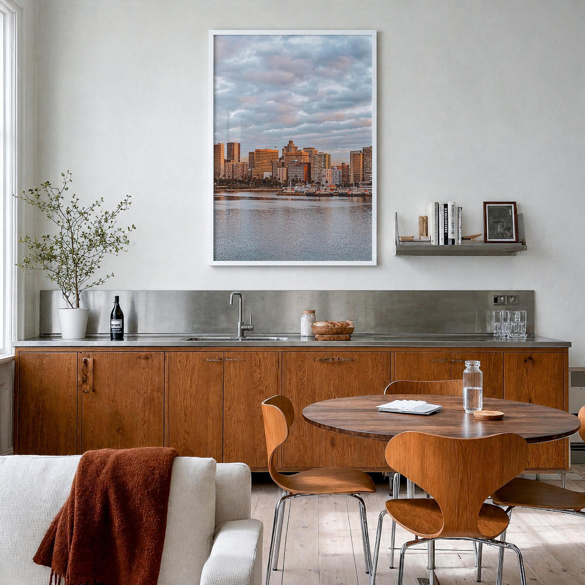 Durban colorful photo poster of South Africa – vertical wall art in white wood frame, hanging on wall