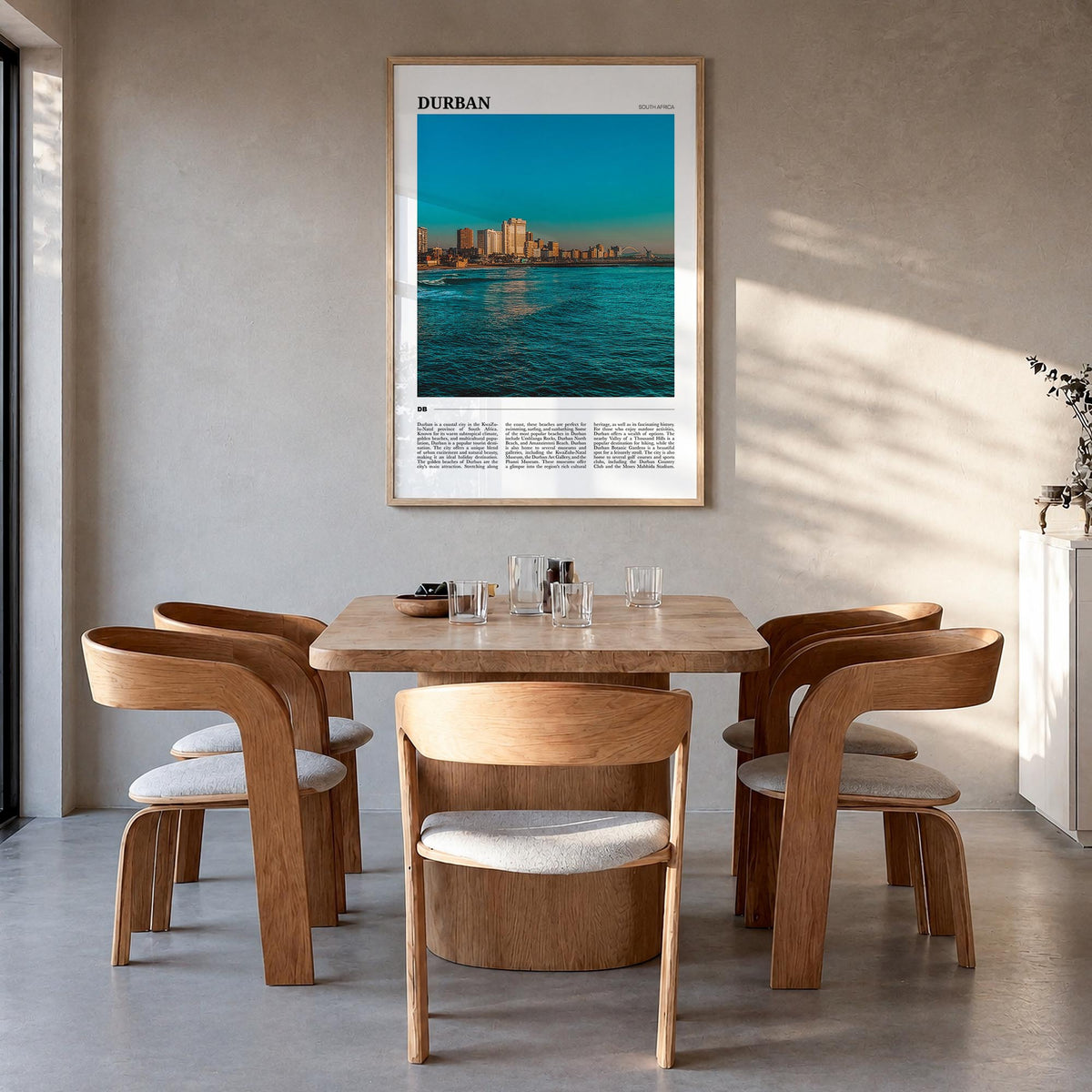 Durban colorful travel poster of South Africa – vertical wall art in natural wood frame, hanging on wall