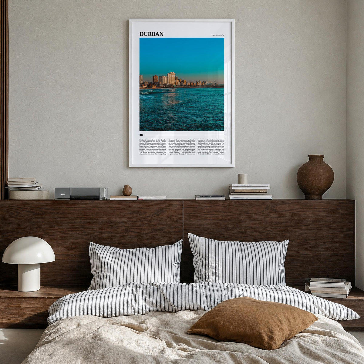 Durban colorful travel poster of South Africa – vertical wall art in white wood frame, hanging on wall